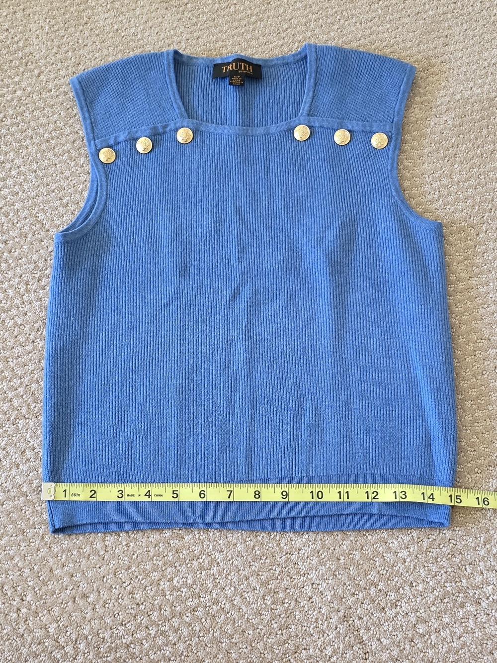 Truth Knit Sleeveless Tank in Bright Blue with Gold Buttons